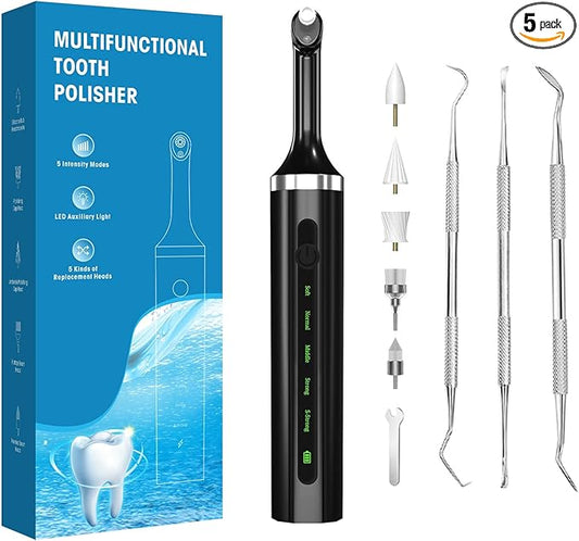 Plaque for Teeth Whitening Tools Electric Tartar Polishing Cleaning Kit with LED Light 5 Speed Modes with 5 Replacement Brush Heads (Black)
