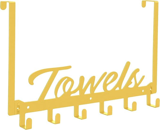 Over The Door Hooks, Towel Hook Towel Rack for Bathroom Towel Holder for Hanging Heavy Duty, Wall Mount Towel Hanger with 6 Hooks for Bedroom Bathroom Kitchen Towels, Bag, Coats, Hats(Gold)