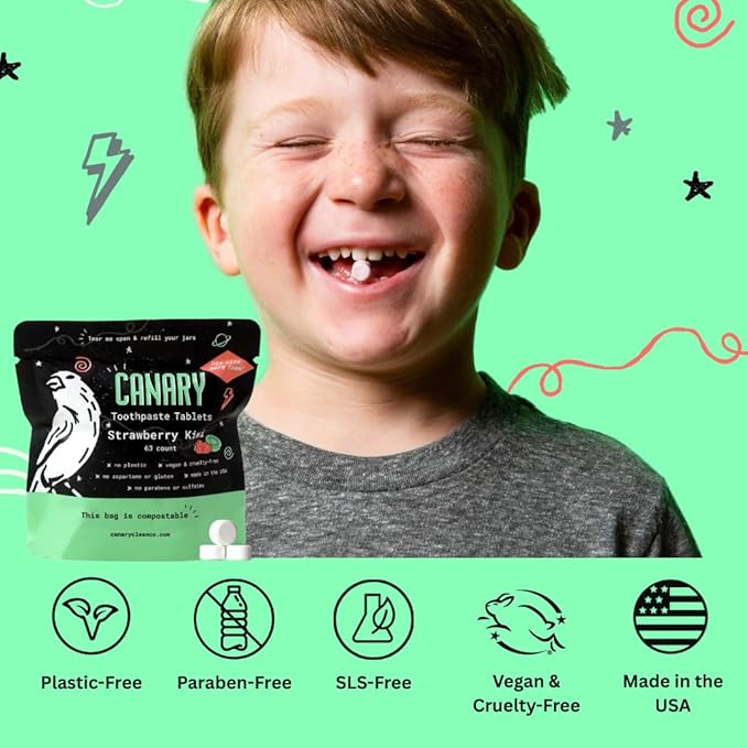 Canary Nano Hydroxyapatite Toothpaste Tablets Strawberry Kiwi - Remineralizing, Fluoride Free, All Natural Tabs with Xylitol - Great for Kids, Plastic Free - 189 Count