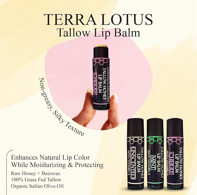 Tallow Lip Balm (5 Pack) - Hydrating With Organic Italian Olive Oil, Pure Grass Fed Tallow, and Beeswax - Long Lasting Lip Therapy (Unscented)
