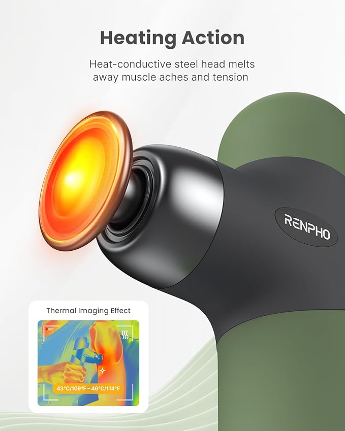 RENPHO Mini Thermal Massage Gun with Heat, Valentines Birthday Gifts for Women Men, Portable Deep Tissue Percussion Massager, Color Silicone Sleeves Travel Size with Carry Case, Olive Drab