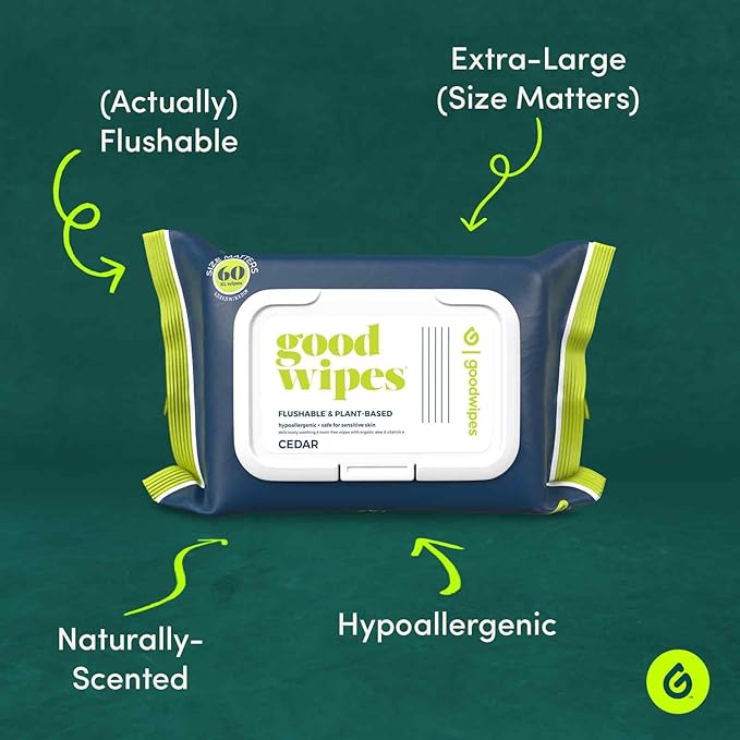 goodwipes Flushable Butt Wipes Made with Vitamin E & Aloe - Soft & Gentle Wet Wipe Dispenser for Home Use, Septic & Sewer Safe - Largest Adult Toilet Towelettes - Cedar, 180 Count (3 Packs)