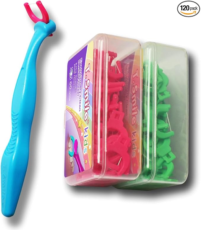T.Smile Kids Evolutionary Clean Dental Flosser Kit, Child-Sized Handle & Refills, Fluoride Free, for Ages 3+, (Blue Handle + 120 Biodegradable Refills)