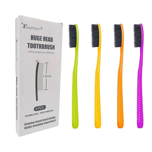 EasyHonor Huge Head Toothbrush, Medium Soft Toothbrush BPA Free for Proper Dental Care, 4 Pack with Black Charcoal Bristles.