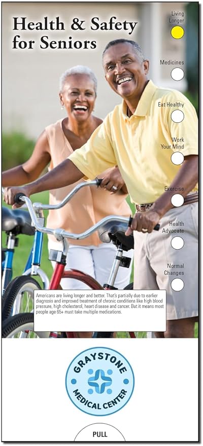 ZOCO - Health & Safety for Seniors Slide Chart - Custom Promotional Item (Pack of 250) - Medications, Exercise, Mental Wellness - Doctor’s Office, Clinics, Nursing Homes Handout - 3.75 x 8.5 in.