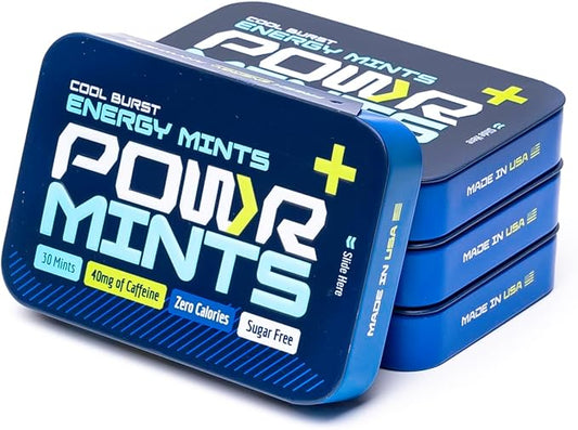 POWR Energy Mints - Pack of 4 Tins of 24 Mints(96 Total), 40mg of Caffeine Per Mint, Sugar Free, Zero Calories, No Aspartame - Pre-Workout, Cycling, Running, Endurance - Focus & Energy