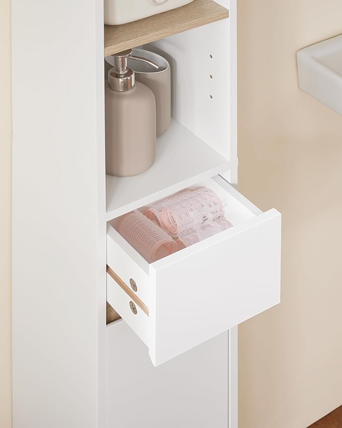 SoBuy Bathroom Narrow Storage Cabinet Skinny Tall Unit with Adjustable Shelves Slender Anti-Tipping Floor Standing Cupboard, White & Natural BZR34-WN