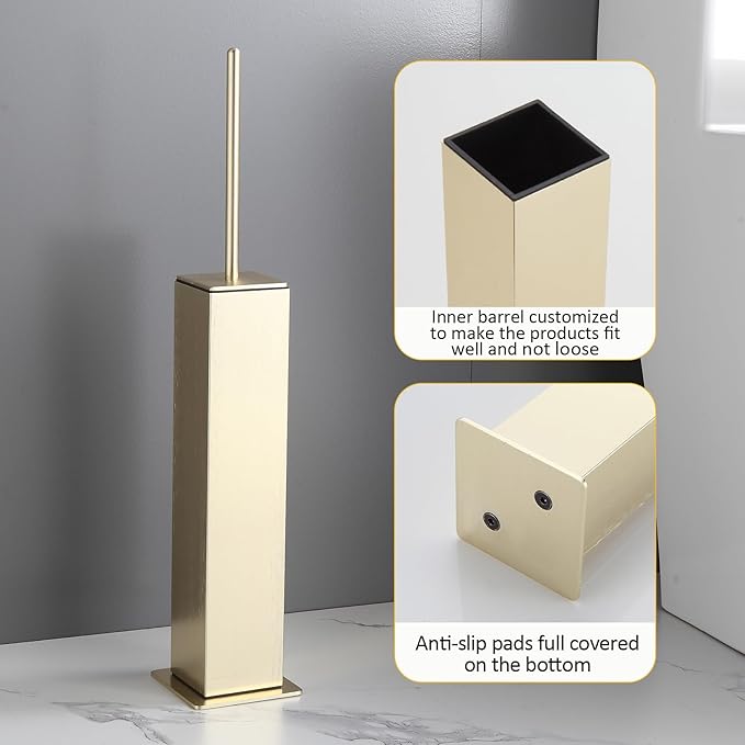 Toilet Brush and Holder Floor Standing, Brushed Gold with 2 Replaceable Heads, Bathroom Toilet Brush, Freestanding Toilet Bowl Brush with Removable Liner and Splash Guard, Modern Square Design