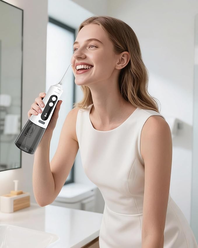 Water Dental Flosser, 300ML Cordless Oral Irrigator Rechargeable Dental Flosser Picks with 9 Levels 5 Jet Tips,IPX7 Waterproof Teeth Cleaner for Braces Gum Care (White)