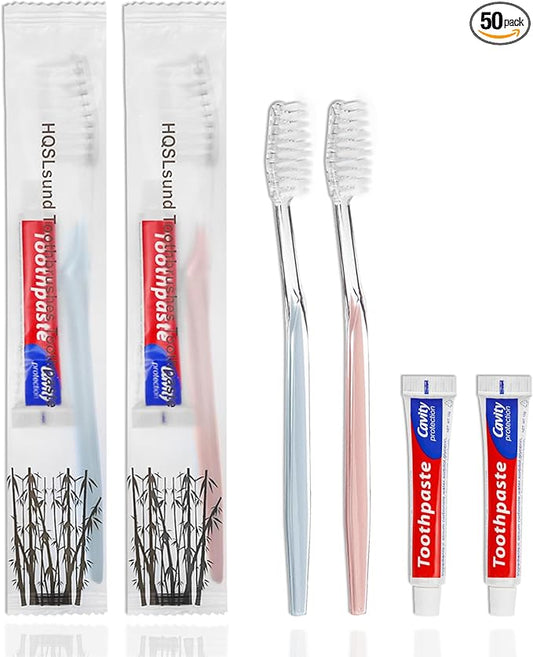 50 pcs Disposable Toothbrushes, 2 Color Toothbrushes and Toothpaste 10g, Bulk for Homeless, Airbnb, Hotel