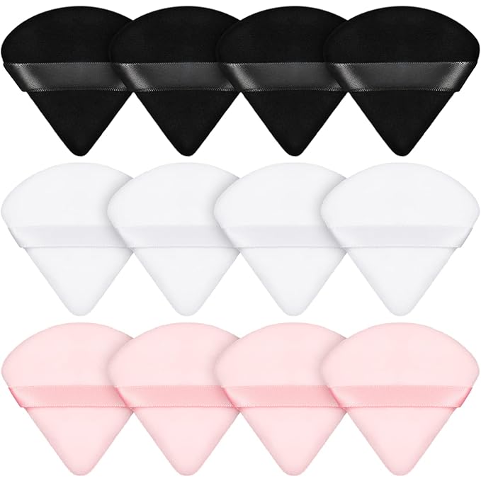 Maitys 12 Pieces Powder Puff Triangle Face Makeup Cosmetic for Loose Powder Soft Body Washable Reusable Foundation Sponge Mineral Wet Dry Makeup Tool for Women(Small,Black, White, Pink)