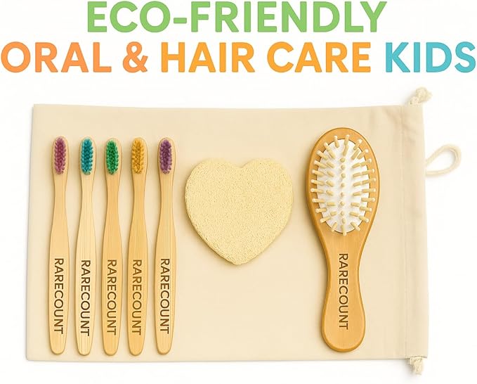 Kids Bath & Grooming Set – Wooden Baby Hair Brush + Soft Bamboo Kids Toothbrush + Heart Loofah | Natural Bath Kit for Toddlers & Kids