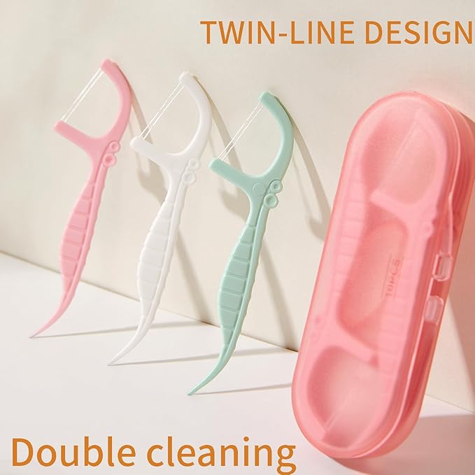 Pink Dental Floss Picks Twin Line, Travel Size Toothpicks Floss Sticks Kit 85 Count with 2 Portable Flossers Case On-The-Go Oral Care