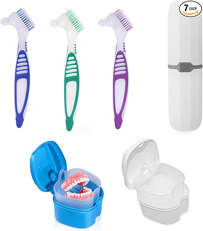 6 Piece Denture Cleaning Kit 3 Double-Sided Denture Brushes, 1 Travel Denture Cleaning Brush Case, and 2 Denture Cases with Strainer Baskets – Complete False Teeth Cleaning Solution