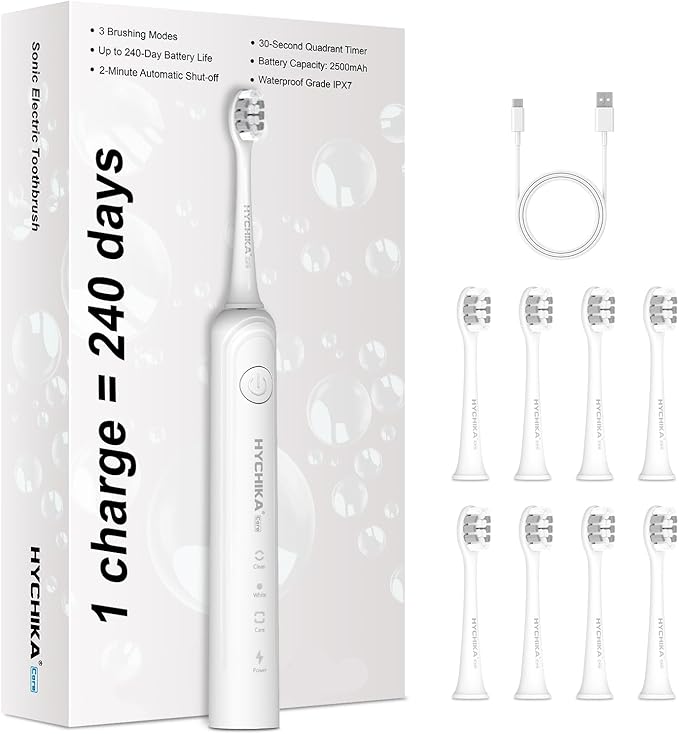 240 Days Battery Life Rechargeable Electric Toothbrush for Adults,with 2500mAH Large Capacity, 8 Pack Replacement Brushheads,3 Classic Modes,2 Min Smart Timer Battery Toothbrush,White