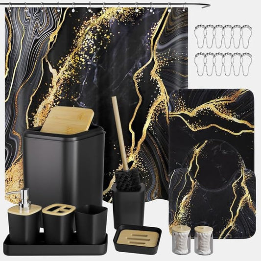 Bathroom Set Bathroom Sets with Shower Curtain and Rugs,Black Bathroom Accessories Set Waterproof Black and Gold Shower Curtain Set