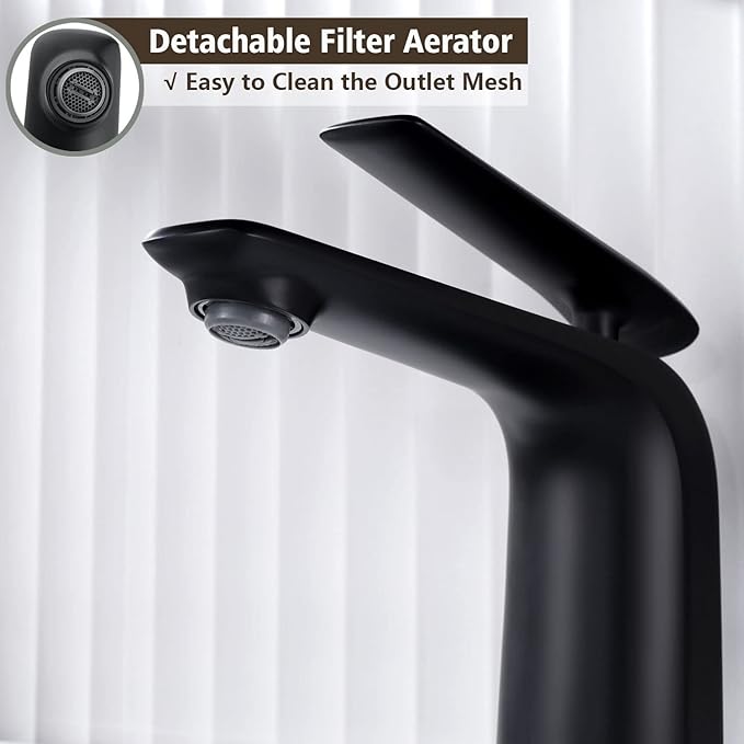 TOCALOCA Black Bathroom Sink Faucet, Matte Black, Modern Design, Single Handle, 1 Hole, Brass, Ceramic Disc Valve, Deck Mount, Aerated Non-Splashing Stream