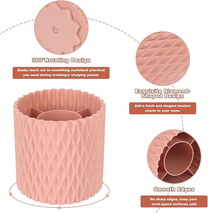 Makeup Brush Holder Organizer-360° Rotating Makeup Brush Storage,Pencil Pen Holder Cup,Desk Accessories,5 Slot Make up Brushes Cup, for Vanity Desktop Bathroom Countertop(Pink