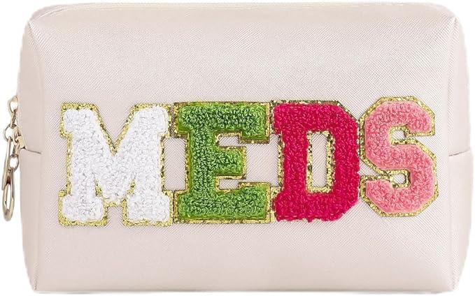 Cute Chenille Letter Patch Medicine Makeup Bag, PU Leather Waterproof MEDS Cosmetic Bag with Zipper, Travel Toiletry MEDS Pouch, Daily Use Portable Organizer Makeup Bag (01Beige Bag)