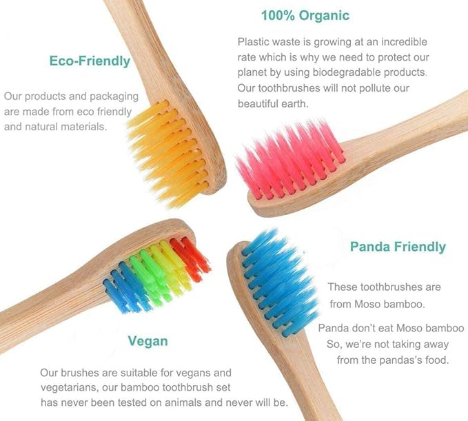 Bamboo Toothbrush with Soft Charcoal Bristles 10 Pack, Natural Wood Toothbrushes Round Handle with Colored Standing Bottom Recyclable, Eco-Friendly, Tooth Brush Set Multipack (Multicolor - Kids)