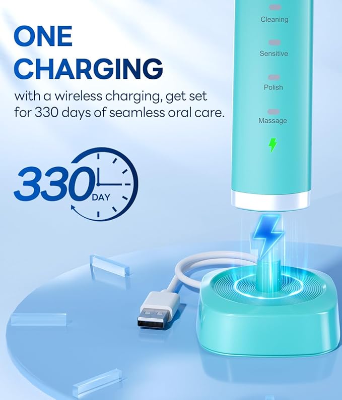 Bymore Electric Toothbrush for Adults,ElectricToothbrush,Travel Sonic Toothbrush with 8 Replacement Heads,Ultra Soft RechargeableToothbrush-Blue