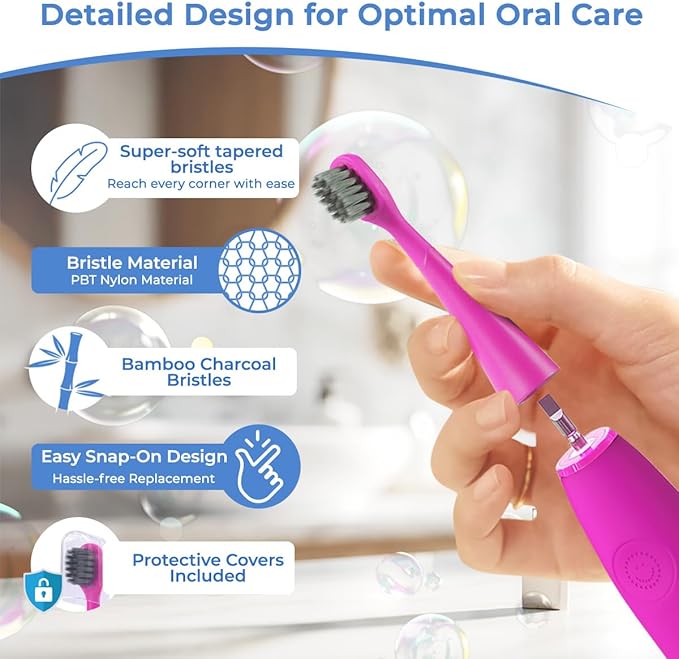 6 Pack Toothbrush Replacement Heads Compatible with Burst Kids Electric Toothbrush, Burst Kids Replacement Heads with Ultra-Soft Bristles, Dust Cover Caps, Perfectly Compatible (Pink)