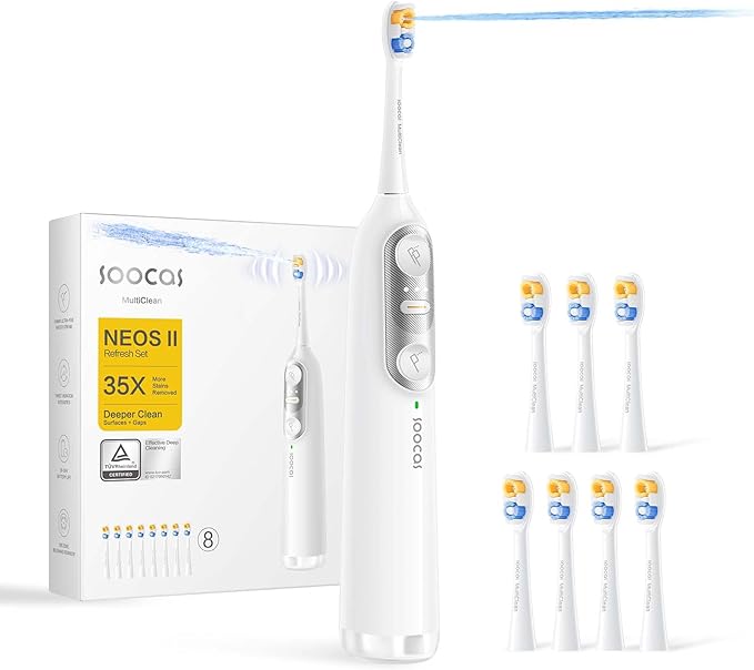 Soocas NEOS II Refresh Set - Electric Toothbrush with Water Flosser, Sonic Electric Toothbrush for Adults, Portable for Travel, Deep Clean for Implants & Braces, Healthier Gums, Pearl White