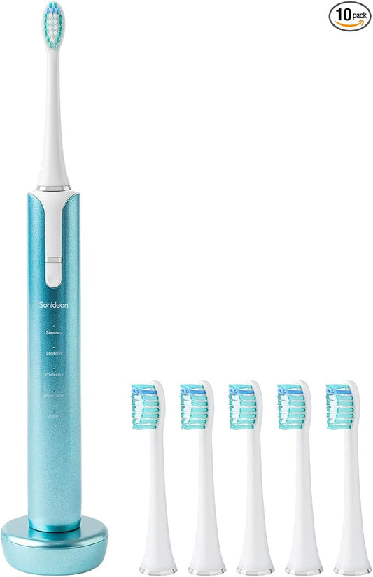 Soniclean Lux Sonic Toothbrush for Adults - 6 Toothbrush Heads, Rechargeable, Automatic, Refills, Aqua