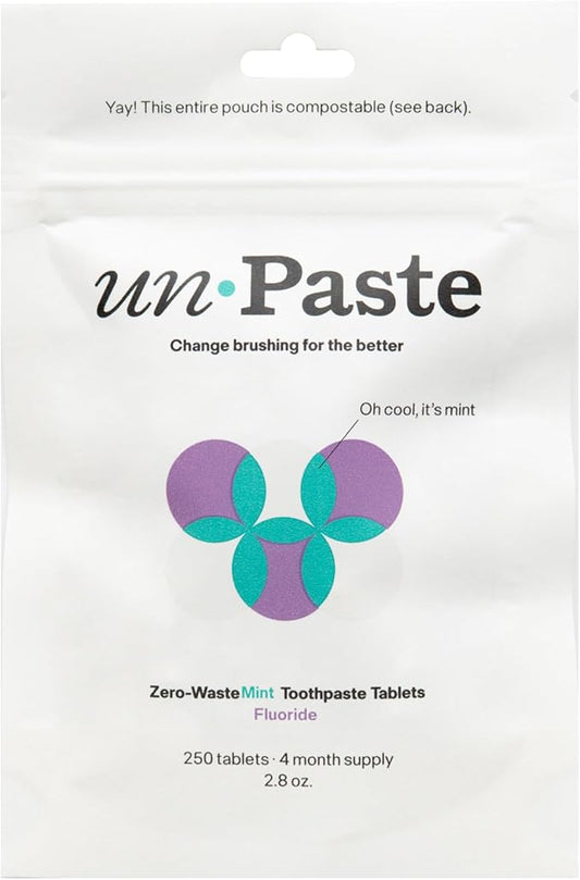 Unpaste Toothpaste Tablets, New Formula, Fluoride Mint, Xylitol Free, Vegan, Plastic Free, Travel-Friendly, Resealable Packet, 250ct, 4 Month Supply
