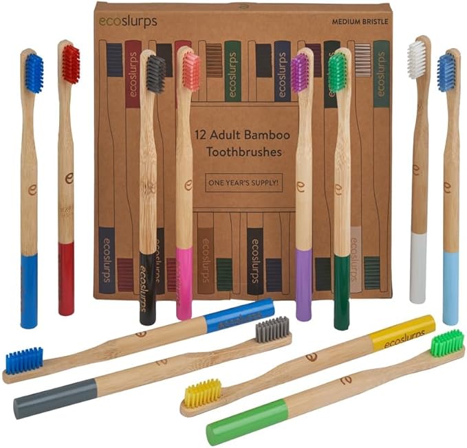 EcoSlurps Bamboo Toothbrushes (12 Adult Medium, Multi-Colored)