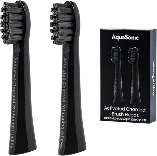 AquaSonic Pulse Activated Charcoal Replacement Brush Heads - Ultra Whitening Brush Heads - 2X Whitening & Stain Remover - Compatible only with AquaSonic Pulse- 2 Pack (Black)