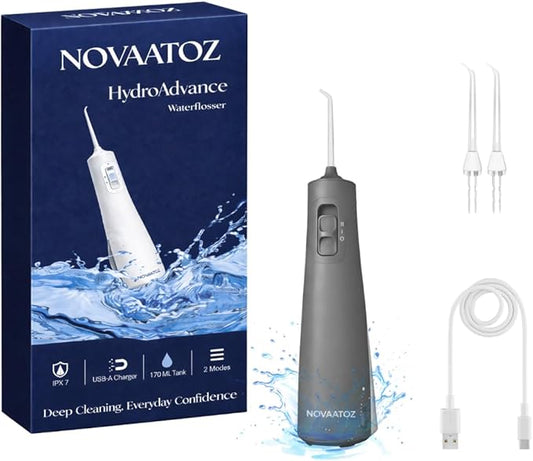 HydroAdvance Cordless Water Flosser for Teeth & Gums | Rechargeable Portable Oral Irrigator for Braces & Travel | Pulse Cleaning with 2 Flossing Tips | Waterproof Dental Care Device (Gray)