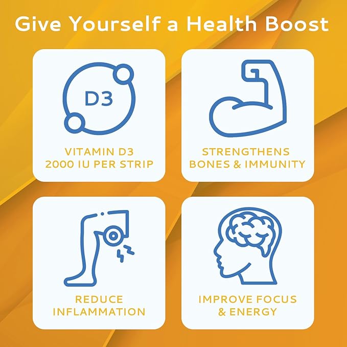 Vitamin D3 Strips 100 Pack| 2000 IU Oral Dissolvable D3 Vitamin Strips | Peppermint Flavor Melts on Your Tongue in 30 Seconds | Boost Immunity & Enhance Mental Focus with Vitamin D3 2000