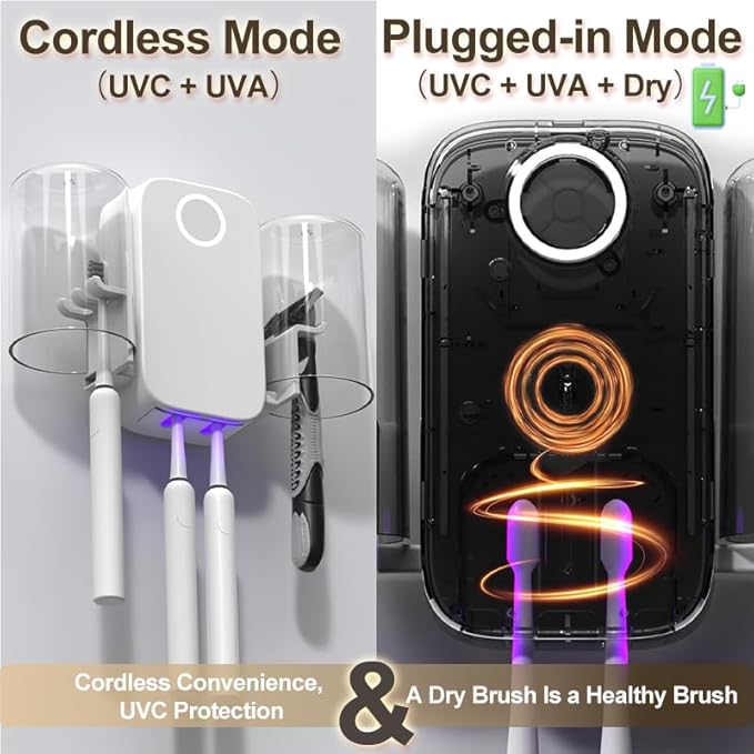UV Toothbrush Sanitizer Holder Wall Mounted for Bathroom, UVC+UVA Light Cleaning Support with Drying Fan, 2 Toothbrush Slots, Battery Operated or USB Powered