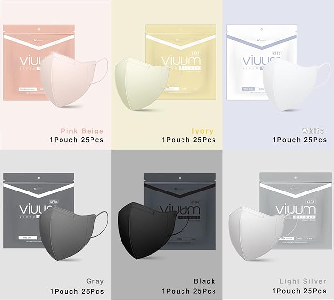 HOMSSEM [25pcs] VIUUM Deluxe Korean Face Color Mask– Soft and Durable Korea Face Mask for Adults –2D 4-Layer Filter 6Color (Gray-Large)