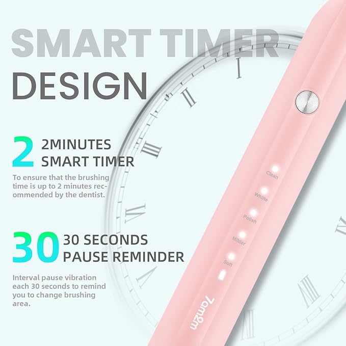 7AM2M Ultrasonic Electric Toothbrush for Adults and Kids, USB-C Rechargeable with 4 Brush Heads & 5 Modes, One Charge for 90 Days, 40000 VPM High-Powered, 2 Minutes Built-in Smart Timer, Pink