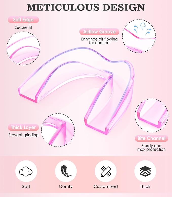 Small Mouth Guard for Women, 4 Pack Moldable Teeth Guard at Night Sleep Jaw Clenching & Bruxism, Ventilated Teeth Grinding Guard Box with 5X Magnifying Mirror