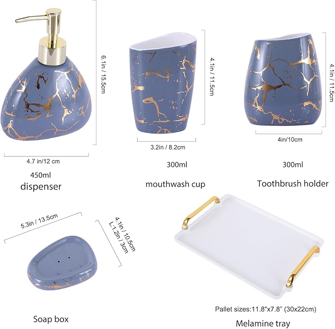 Gray Bathroom Accessories Set,Gold Marble Look Bathroom Decor,Modern 6 Piece Bathroom Accessory Set,Complete with Soap Dispenser,Toothbrush Holder,Tumbler,Tray Countertop