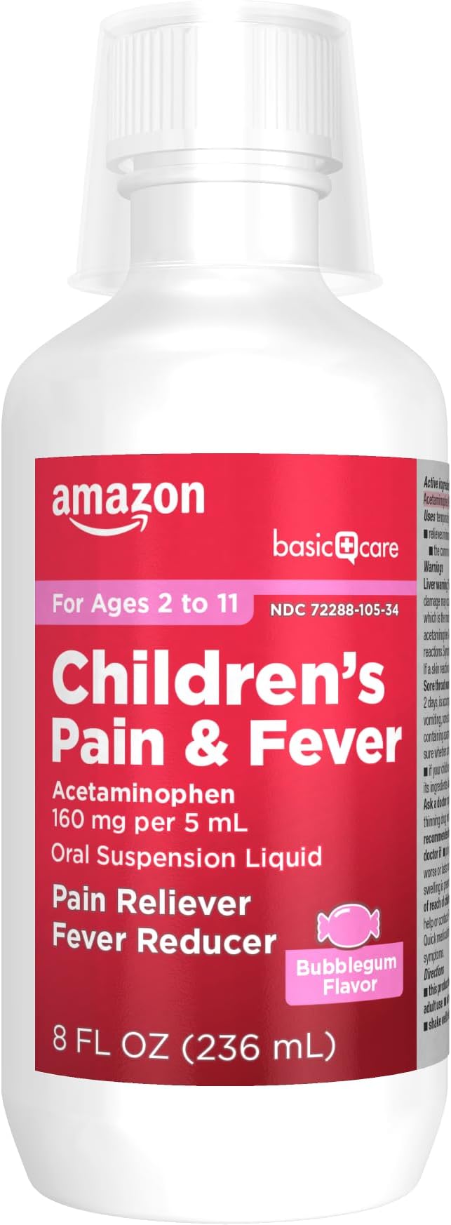 Amazon Basic Care Children's Pain and Fever Oral Suspension Liquid, Acetaminophen 160 mg per 5 mL, Bubblegum Flavor, 8 fl oz