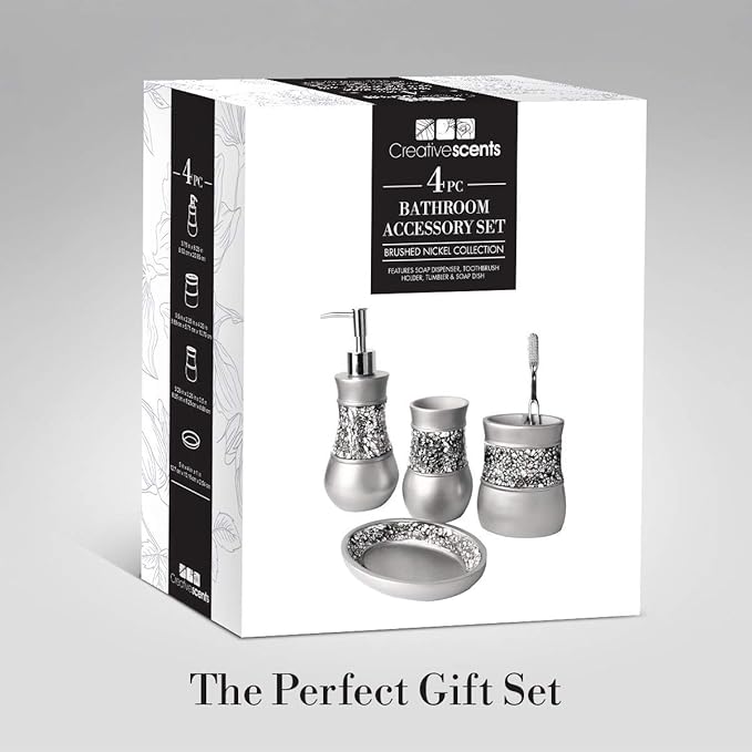 Creative Scents Crackled Glass Silver Bathroom Accessory Set - 4 Piece Bathroom Sets Accessories Included: Soap Dispenser, Toothbrush Holder, Tumbler and Soap Dish