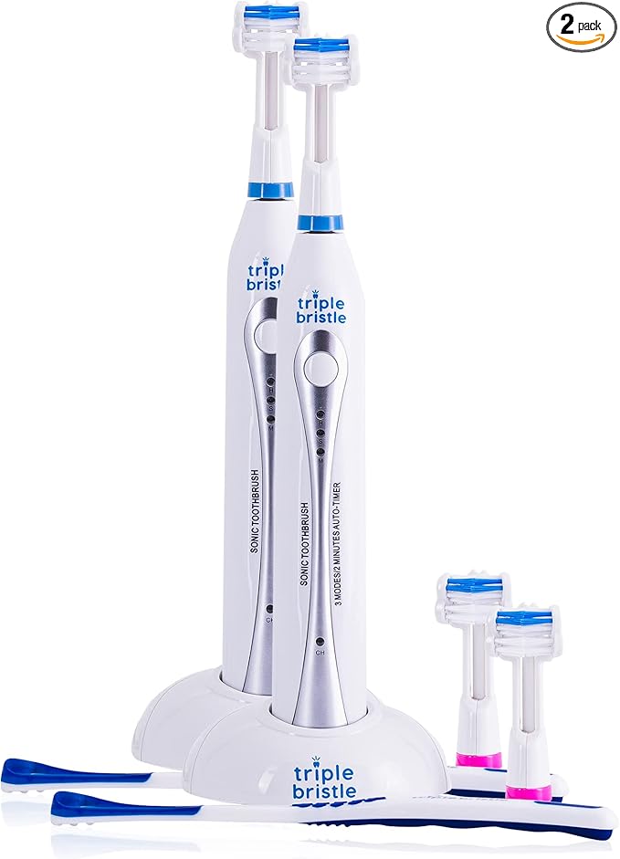Triple Bristle Original Sonic Toothbrush | Rechargeable 31,000 VPM Tooth Brush | Patented 3 Head Design | Angled Bristles Clean Each Tooth | Dentist Created & Approved | Triple Bristle Original 2 Pack