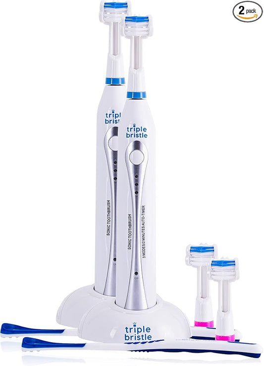 Triple Bristle Original Sonic Toothbrush | Rechargeable 31,000 VPM Tooth Brush | Patented 3 Head Design | Angled Bristles Clean Each Tooth | Dentist Created & Approved | Triple Bristle Original 2 Pack