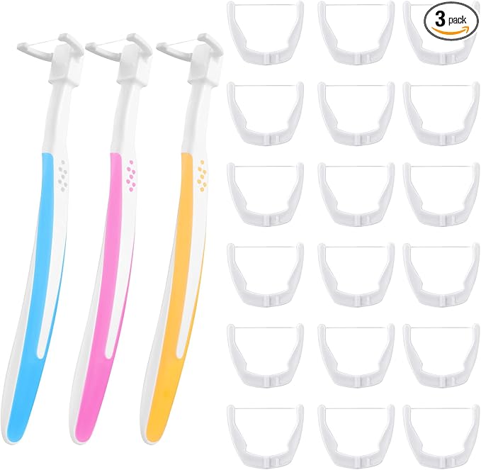 Cunhill 3 Pieces Tooth Floss Handle Reusable with 300 Pieces Dental Floss Refill Heads Unflavored Colorful Floss Interdental Toothpick Flosser for Teeth Cleaning, 3 Colors