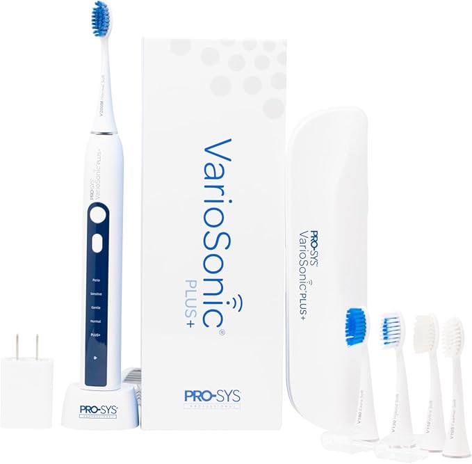 PRO-SYS® VarioSonic Plus+ Professional Electric Toothbrush Full Kit, Rechargeable Powered Toothbrush with Travel Case, 5 Brush Heads, 5 Modes, Extra Long Battery, Pressure Sensor and Timer (White)
