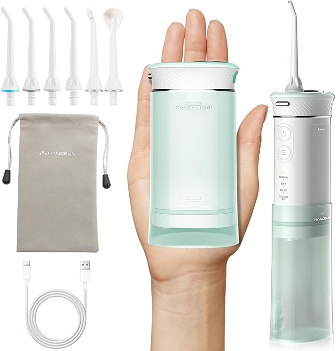 HANGSUN Water Flossers for Teeth, Cordless Compact Travel - Deep Plaque Removal, 30 Days Battery, 3+1 Modes (DIY 8 Levels), 6 Nozzles for Braces/Sensitive Gums, IPX7, 180ml Collapsible Tank, Green