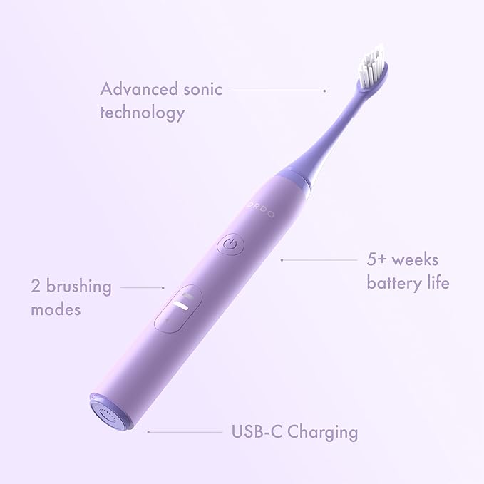 ORDO Lite Sonic Toothbrush, Electric Toothbrushes with 35,000 Pulses Per Min, Dual Modes, Over 5 Weeks Battery, Smart Timer, Waterproof, USB C, Lavender