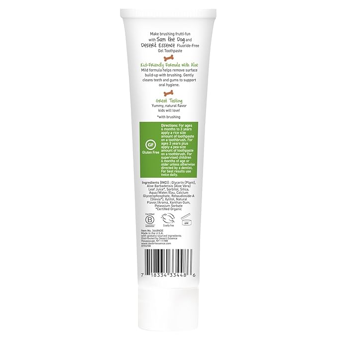 Desert Essence Fluoride-Free Toothpaste Gel for Kids - Tutti Frutti Flavor - Safe for Toddlers and Babies - Gluten-Free, SLS-Free, Non-Fluoride - Safe to Swallow with Xylitol and Aloe, 4.7oz