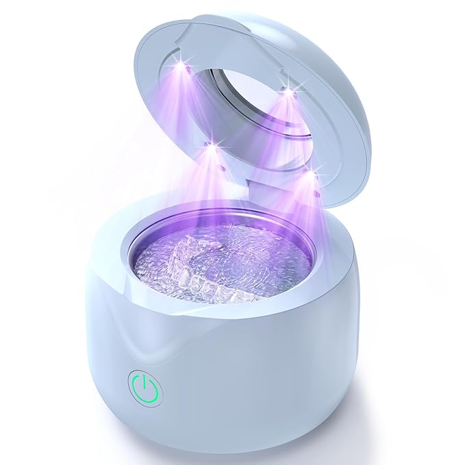 Ultrasonic Retainer Cleaner - UV Dental Cleaning Pod Night Guard Cleaner for Dentures, Aligner, Braces, Toothbrush Heads, Jewelry (Blue)