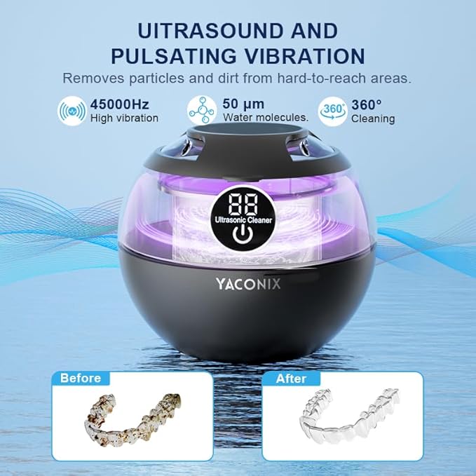 Ultrasonic Retainer Cleaner Machine 45kHz Dental Retainer Cleaner with 3 Modes and Digital Timer Mouth Guard for Denture Clean, Night Guard, Aligner, Braces, Toothbrush, Jewelry Black