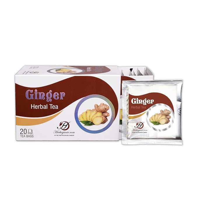 Herboganic Herbal Ginger Tea Bags, Natural Remedy Ginger Tea, Supports Good Digestion, Soothes Throat & Relieves Motion Sickness (Pack of 20)